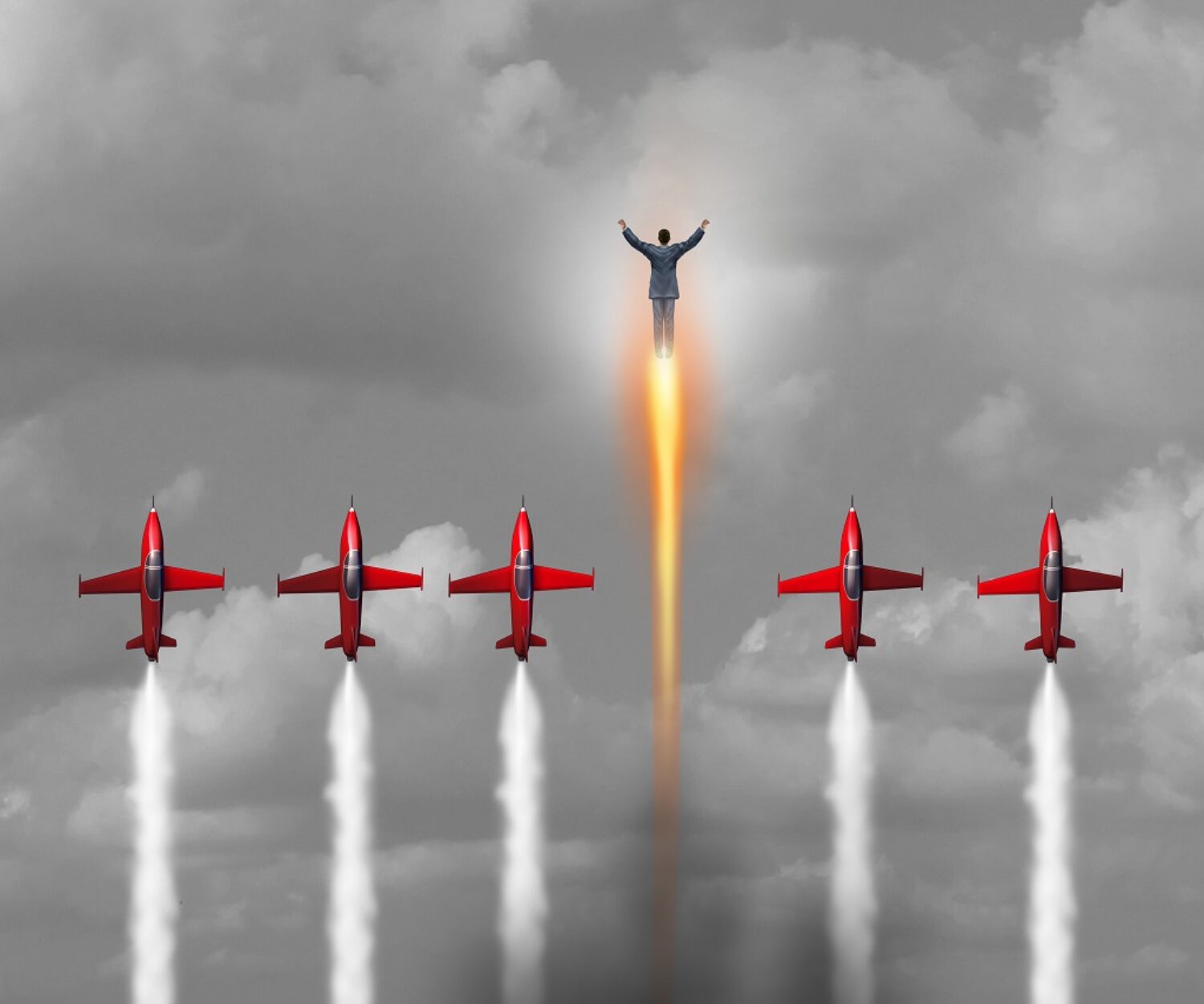 Great outstanding Businessman concept as a group of jet airplanes flying upward with a person blasting ahead with a rocket boost as a power metaphor for energetic business or personal stamina and inner energy with 3D illustration elements.